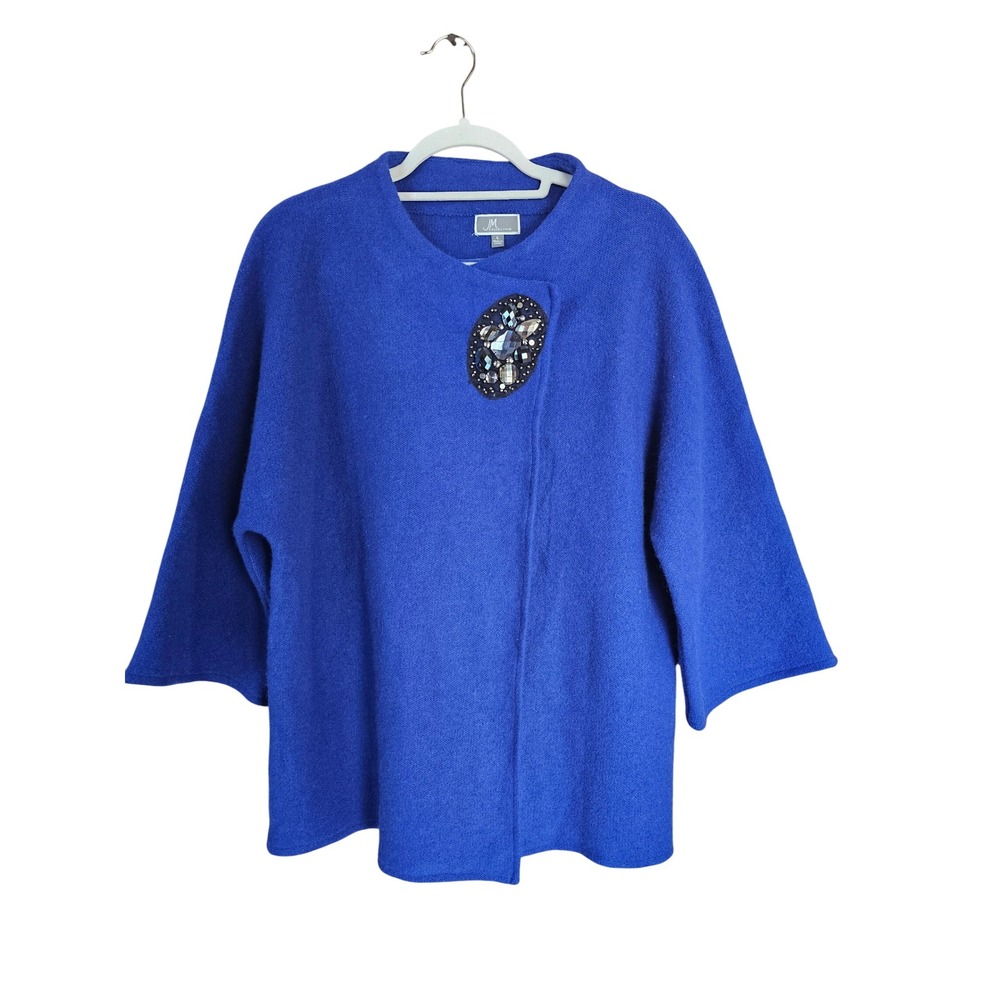 JM Collection Blue Wool‎ Shawl Collar Open Front Embellished Cardigan Sweater L